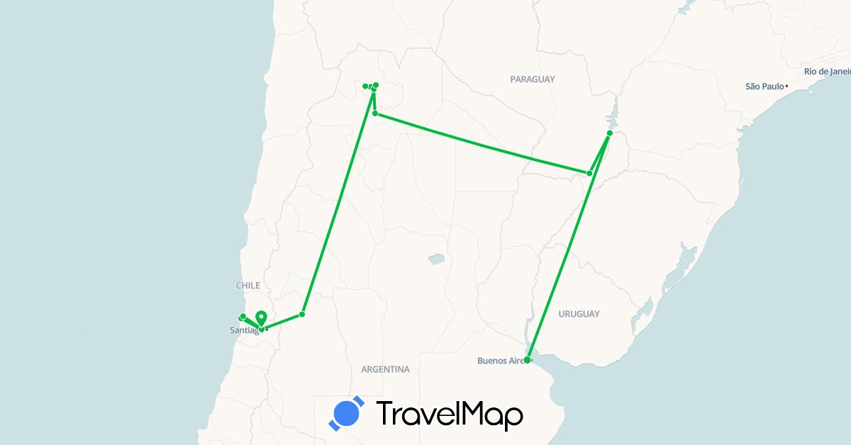 TravelMap itinerary: bus in Argentina, Chile, Paraguay (South America)